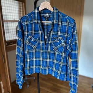 Polo Ralph Lauren Zippy Zip Up Blue and White Plaid Crop Shirt Large  Y2K